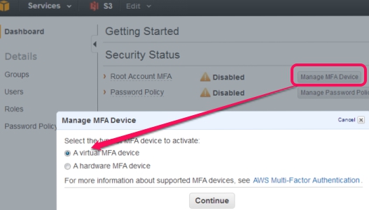 Two Step Authentication in Amazon Web Services- manage MFA device