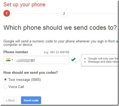 Two Step Authentication in Gmail- provide phone number