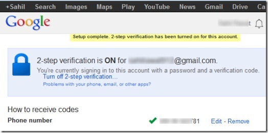 Two Step Authentication in Gmail- setup complete