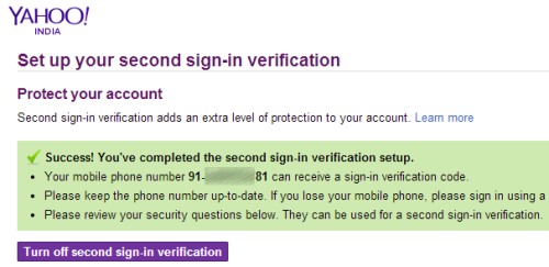 Two Step Authentication in Yahoo! Mail- complete second sign-in verification