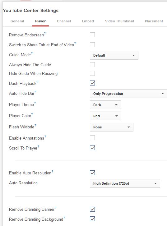 YouTube Center selecting options