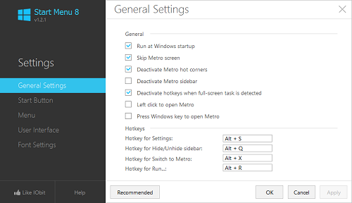 start menu 8 settings