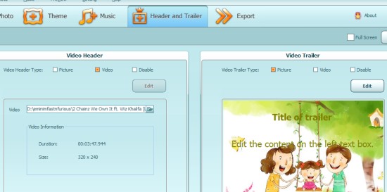 Ainishare Slideshow Video Maker- add header & trailer