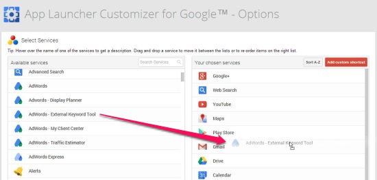 App Launcher Customizer for Google - Options