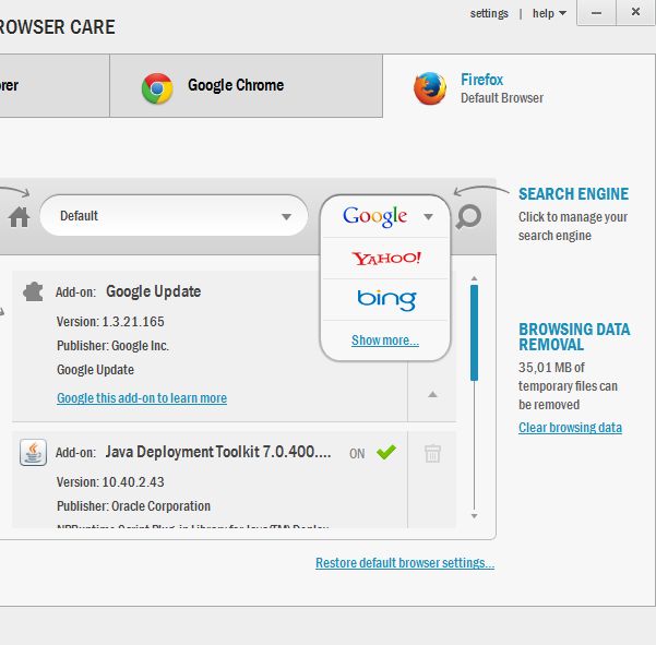 Auslogics Browser Care deleting cache addons