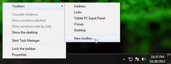 Choosing Add New Toolbar option from Taskbar Context Menu
