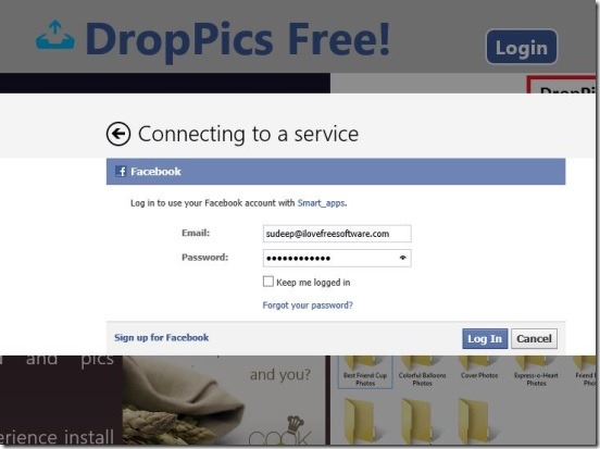 DropPics Free - connecting to Facebook