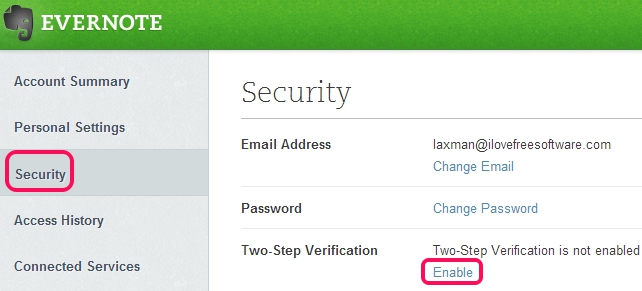 Evernote Two Step Verification- access security section