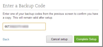 Evernote Two Step Verification- enter one of the backup codes to finish setup