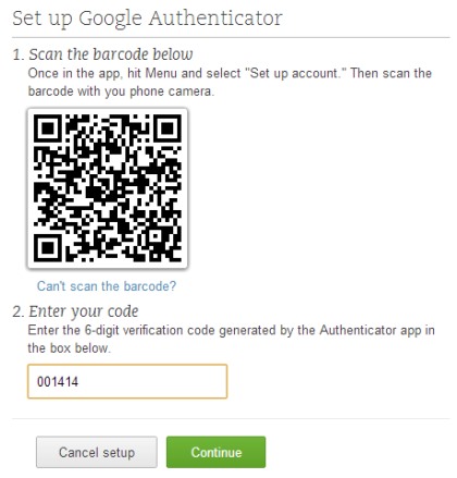 Evernote Two Step Verification- enter the code after scanning the barcode