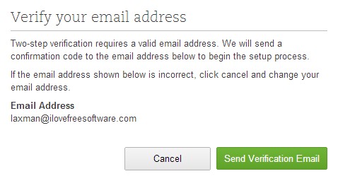 Evernote Two Step Verification- provide an email address for confirmation code