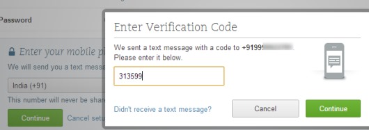 Evernote Two Step Verification- provide phone number and enter received code