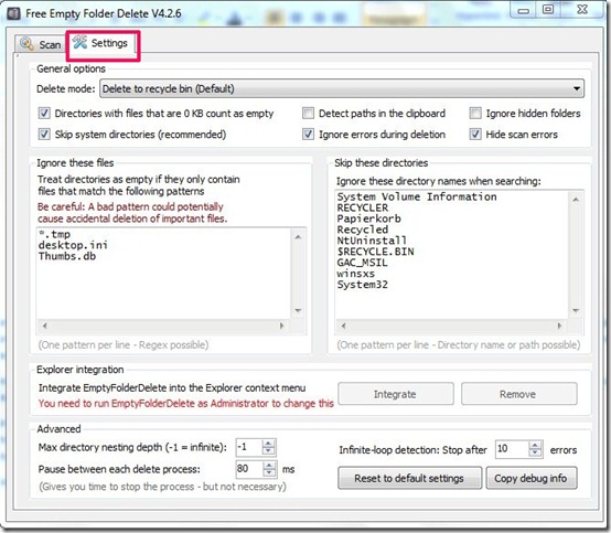 Free Empty Folder Delete-empty folder remover- settings tab