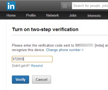 LinkedIn 2 factor authentication- enter the recieved code