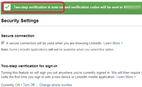 LinkedIn 2 factor authentication- setup completed