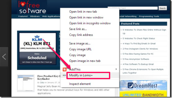 Lomo -online photo editor-context menu integration