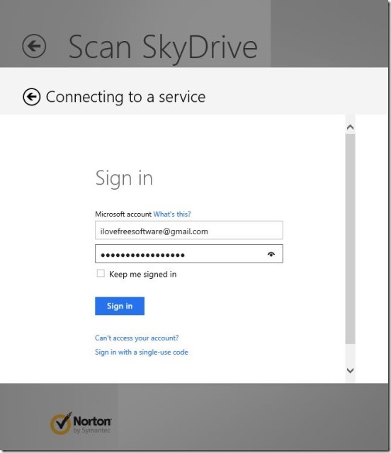 Norton Satellite - connecting to SkyDrive