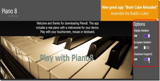 Piano8 - options at main screen