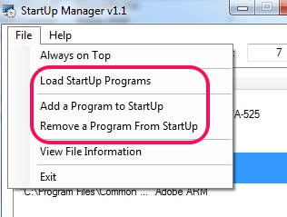 StartUp Manager- file menu