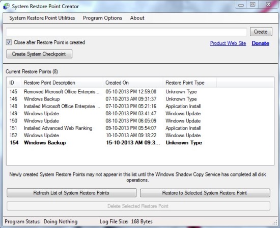 System Restore Point Creator - Interface