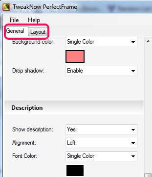 TweakNow PerfectFrame- General and Layout tab