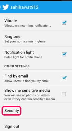 Twitter two step authentication- access security option