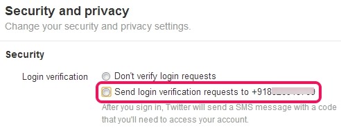 Twitter two step authentication- add a phone number