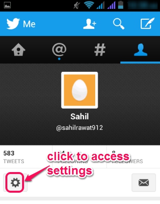 Twitter two step authentication- click gear icon to access settings