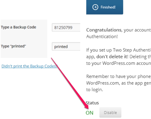 Two Step Authentication in WordPress- enter a backup code and finish set up