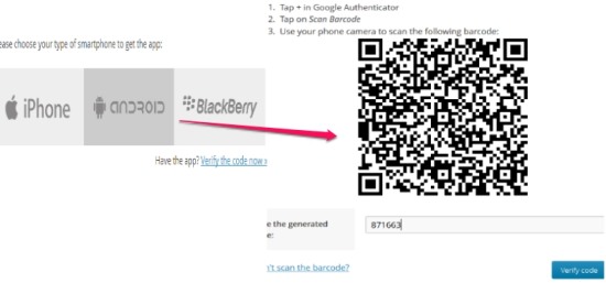 Two Step Authentication in WordPress- select the smartphone and scan barcode