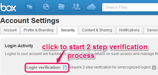 Two step authentication in Box- access security tab