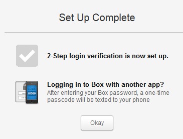 Two step authentication in Box- setup completed