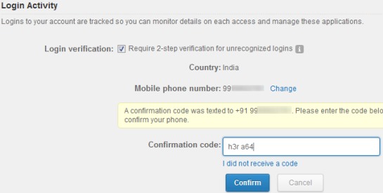 provide phone number and submit received security code