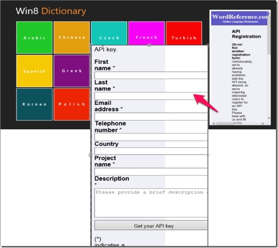 Win8 Dictionary- Register for API