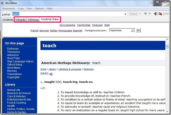 WordWeb-free dictionary-web refrence tab