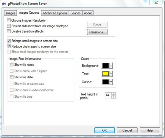 gPhotoshow-slideshow screensaver-images options tab