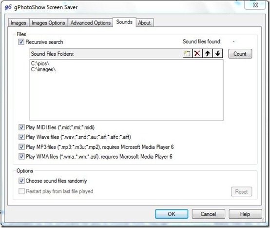 gPhotoshow-slideshow screensaver-sounds tab