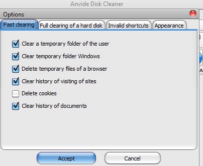 Anvide Disk Cleaner- Options