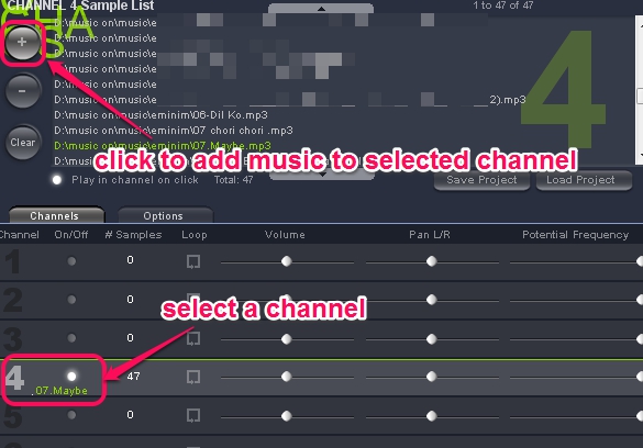 Audio Chaos- select a channel and add music files