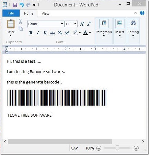 Barcode Software - using barcode in WordPad