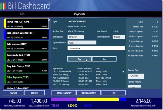 Bill Dashboard - saving payment details in Main screen