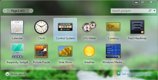 Control System - In Windows Gadgets Control Panel