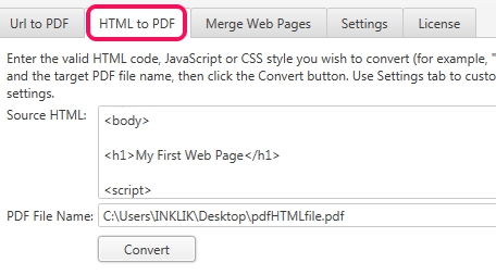 EO HTML to PDF Tools- HTML to PDF tab