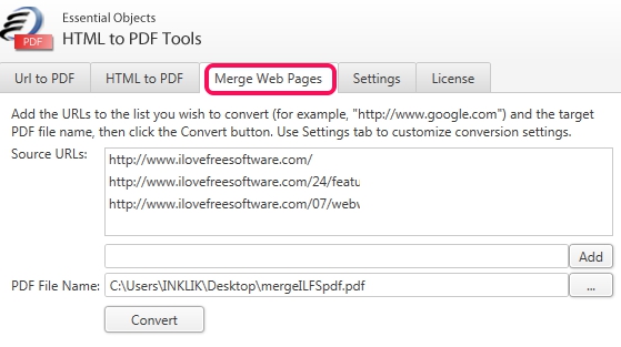 EO HTML to PDF Tools- Merge Web Pages tab