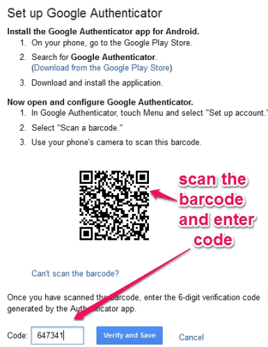 Google Authenticator app- scan barcode and enter generated code