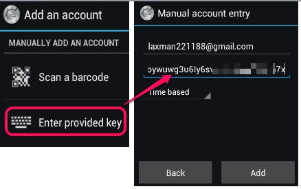 Google Authenticator app- set up account with secret key