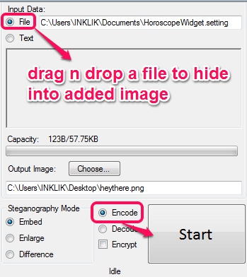Image Steganography- select steganography mode and start encoding process
