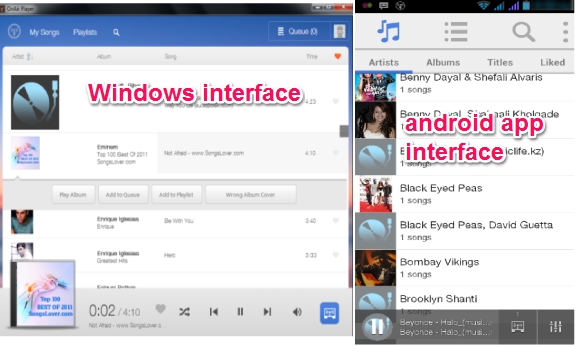 OnAir Player- Windows and android interface