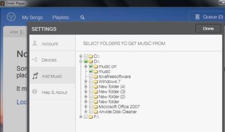OnAir Player- add music folder