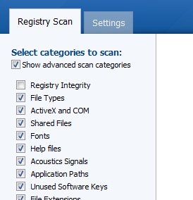 Registry Cleaner- select categories to scan